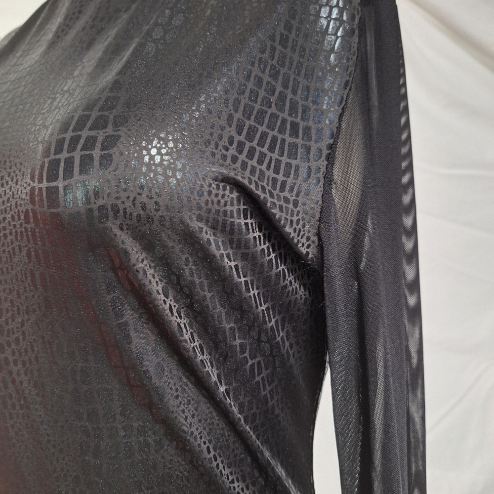 Black Long Sleeve Bodysuit with Textured Crocodile Design with Mesh Sleeves- L - Picture 5 of 8